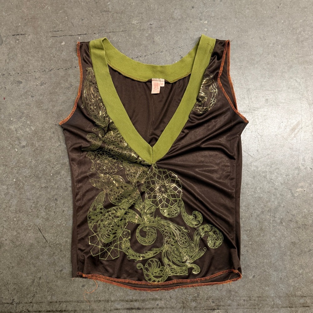 Jared Gold Womens Brown Green Graphic V-Neck Sleeveless Top Size 8 Y2K Indie